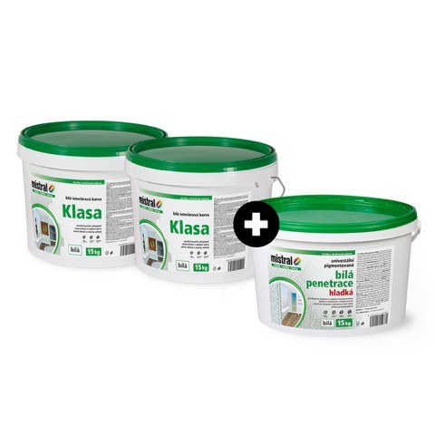AKCE MISTRAL 2+1 ZDARMA (2x barva Klasa 15kg + 1x penetrace Hladká 15kg) bílá AKCE MISTRAL 2+1 ZDARMA (2x barva Klasa 15kg + 1x penetrace Hladká 15kg) bílá